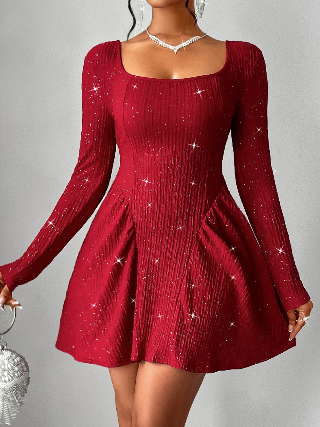 RS: Backless Glitter Square Neck Long Sleeve Mini Dress