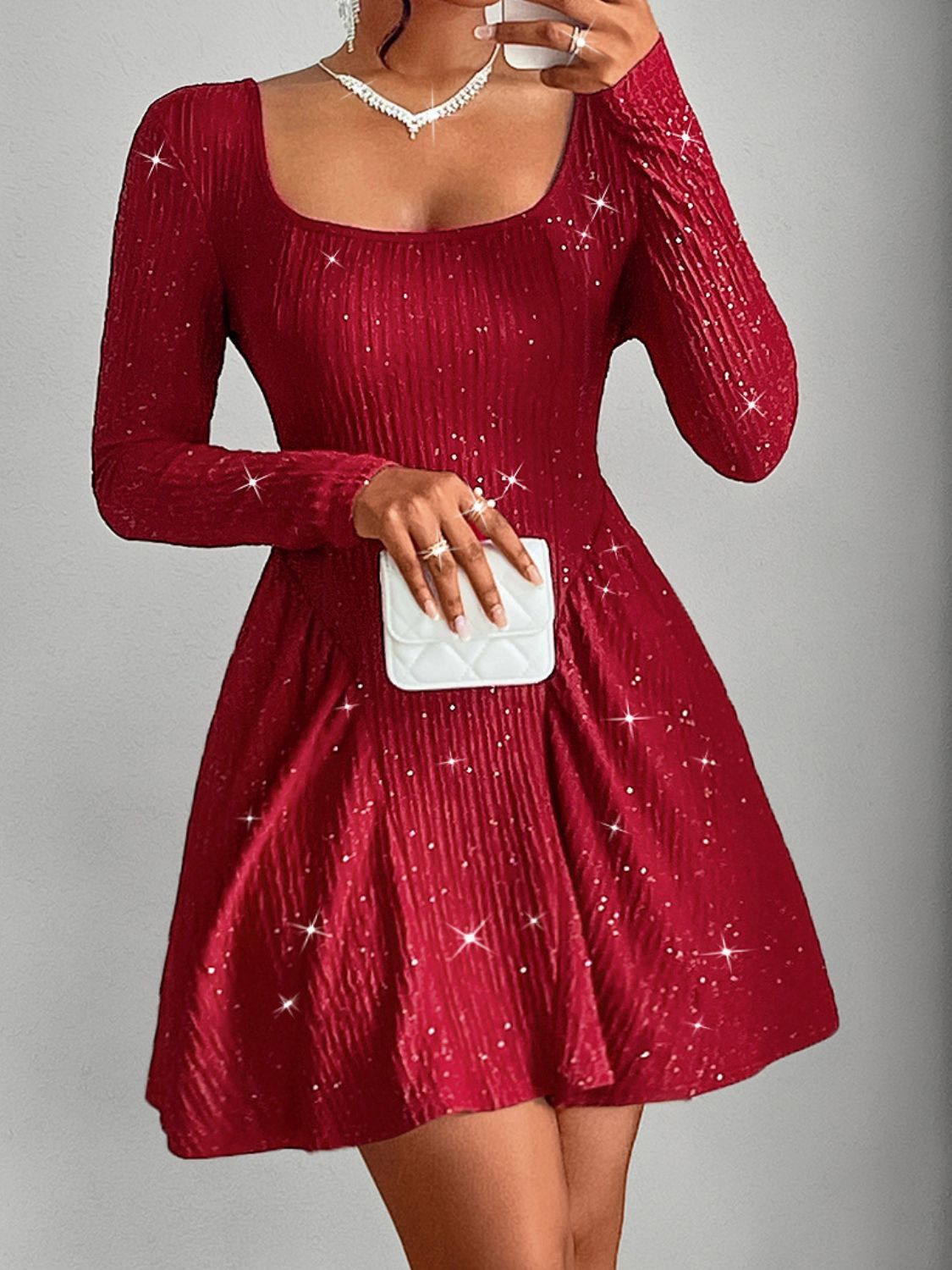 RS: Backless Glitter Square Neck Long Sleeve Mini Dress