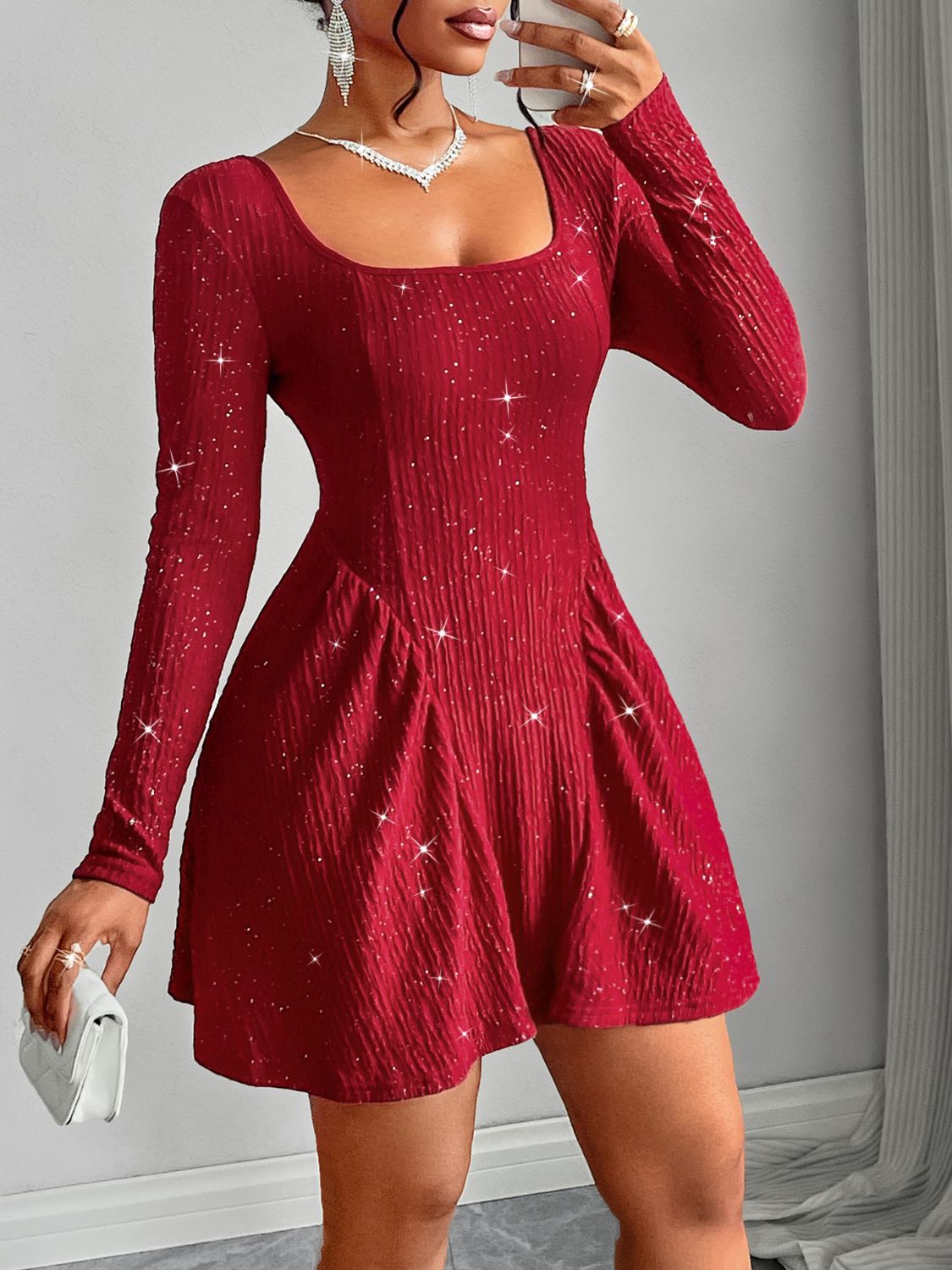 RS: Backless Glitter Square Neck Long Sleeve Mini Dress