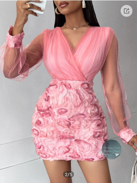 Floral Pattern Sheer Mesh Patch Party Dress