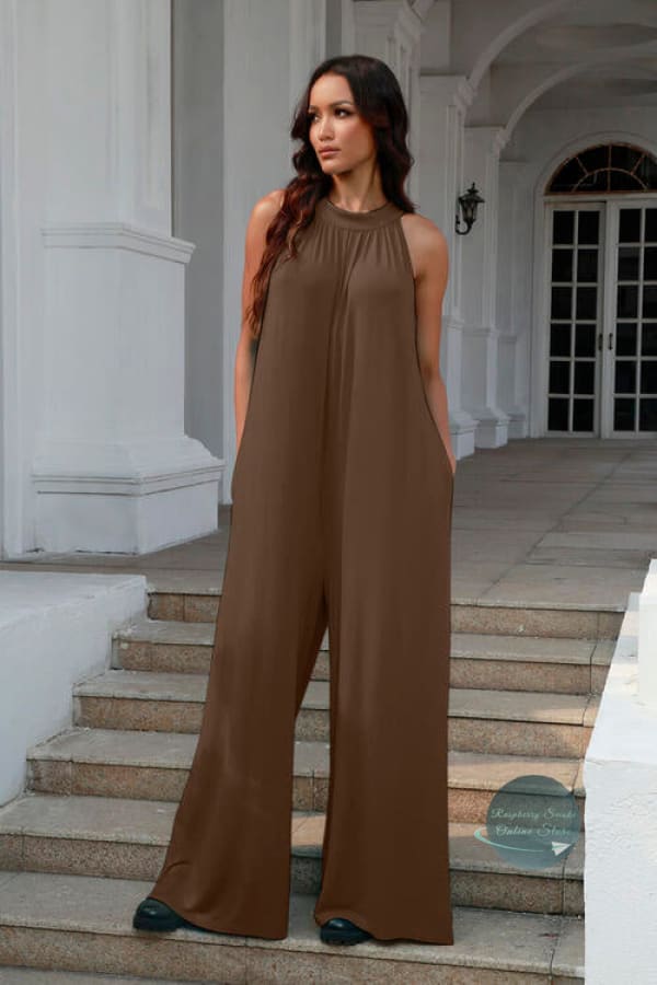 RS: Double Take Full Size Tie Back Cutout Sleeveless Jumpsuit Mocha / S Jumpsuits & Rompers