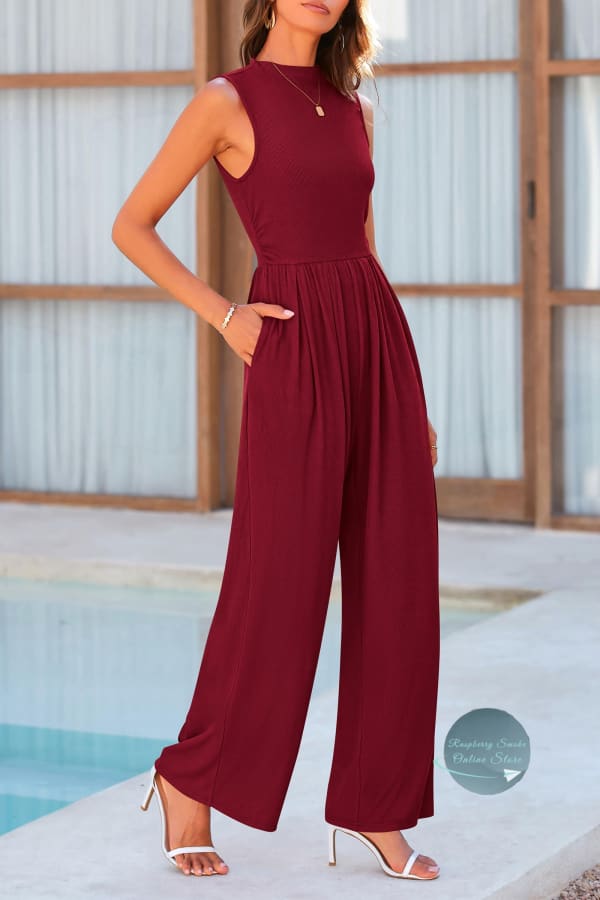 RS: Mock Neck Sleeveless Wide Leg Jumpsuit Jumpsuits & Rompers