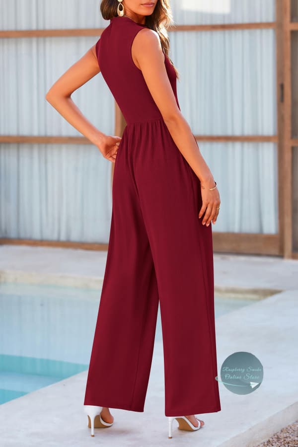 RS: Mock Neck Sleeveless Wide Leg Jumpsuit Wine / M Jumpsuits & Rompers