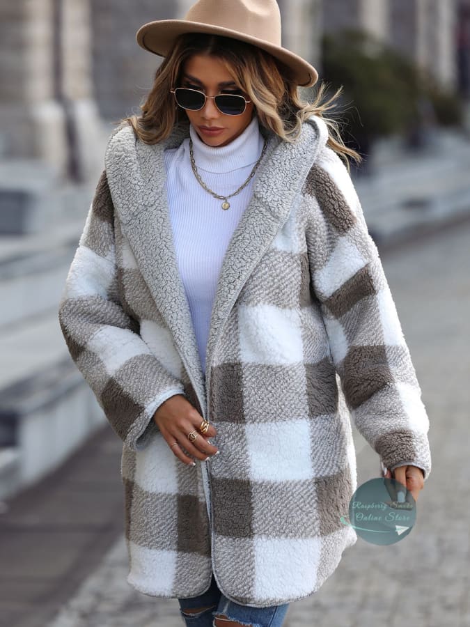 Rs: Plaid Open Front Hooded Coat Women Coats