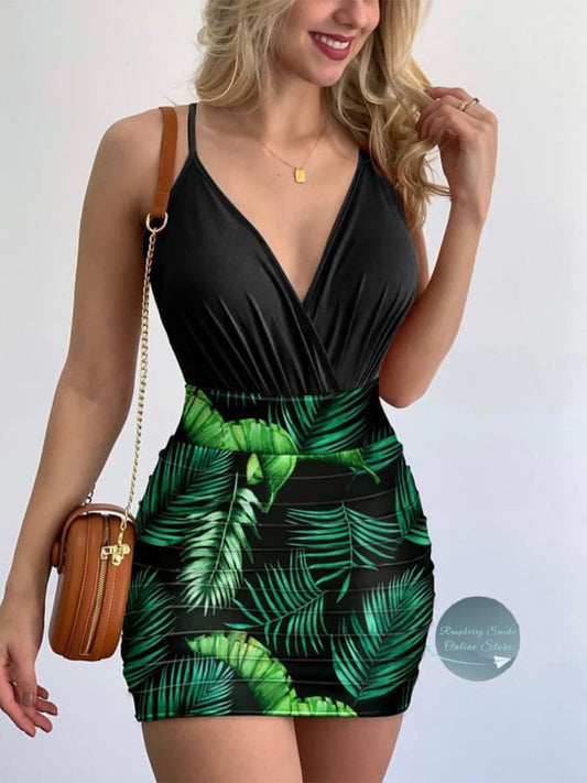 Surplice Spaghetti Strap Top and Printed Mini Skirt Set Black / S Outfit Set