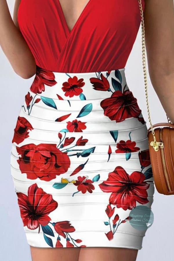Surplice Spaghetti Strap Top and Printed Mini Skirt Set Outfit Set