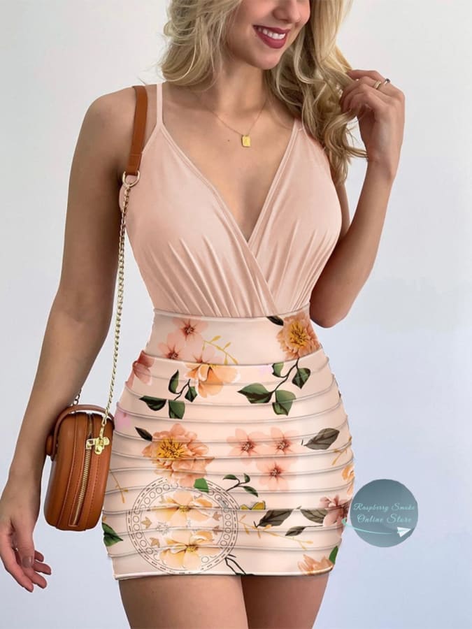 Surplice Spaghetti Strap Top and Printed Mini Skirt Set Outfit Set