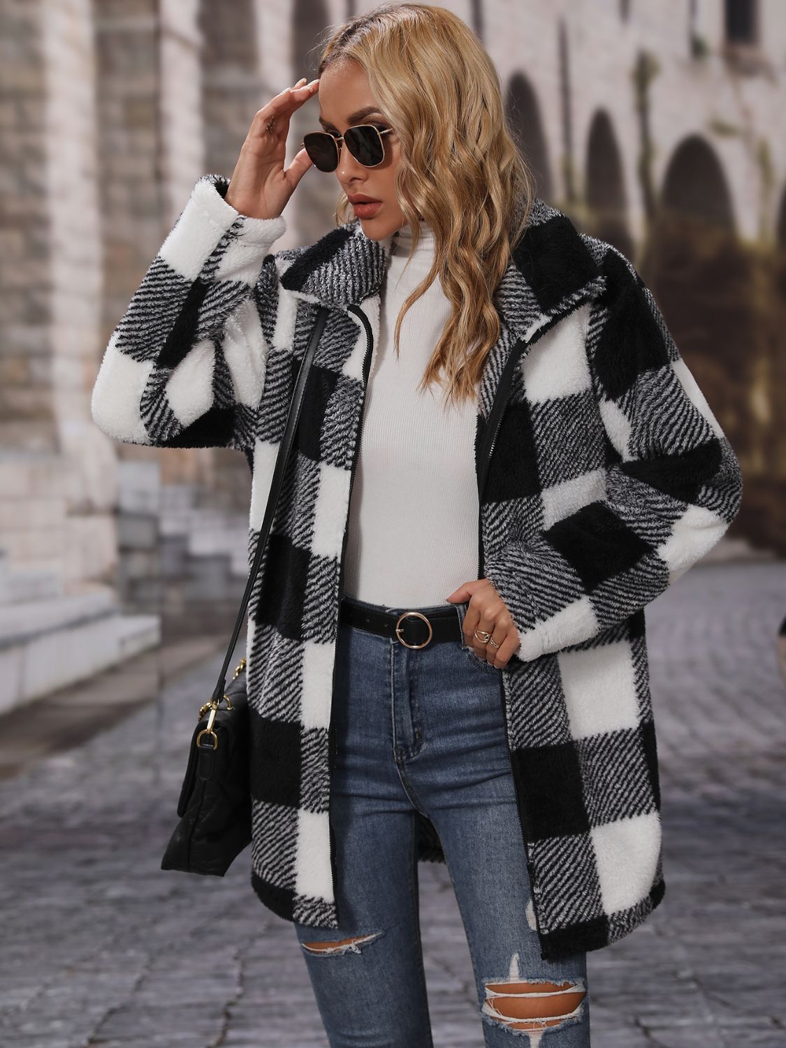 RS: Plaid Collared Neck Coat with Pockets