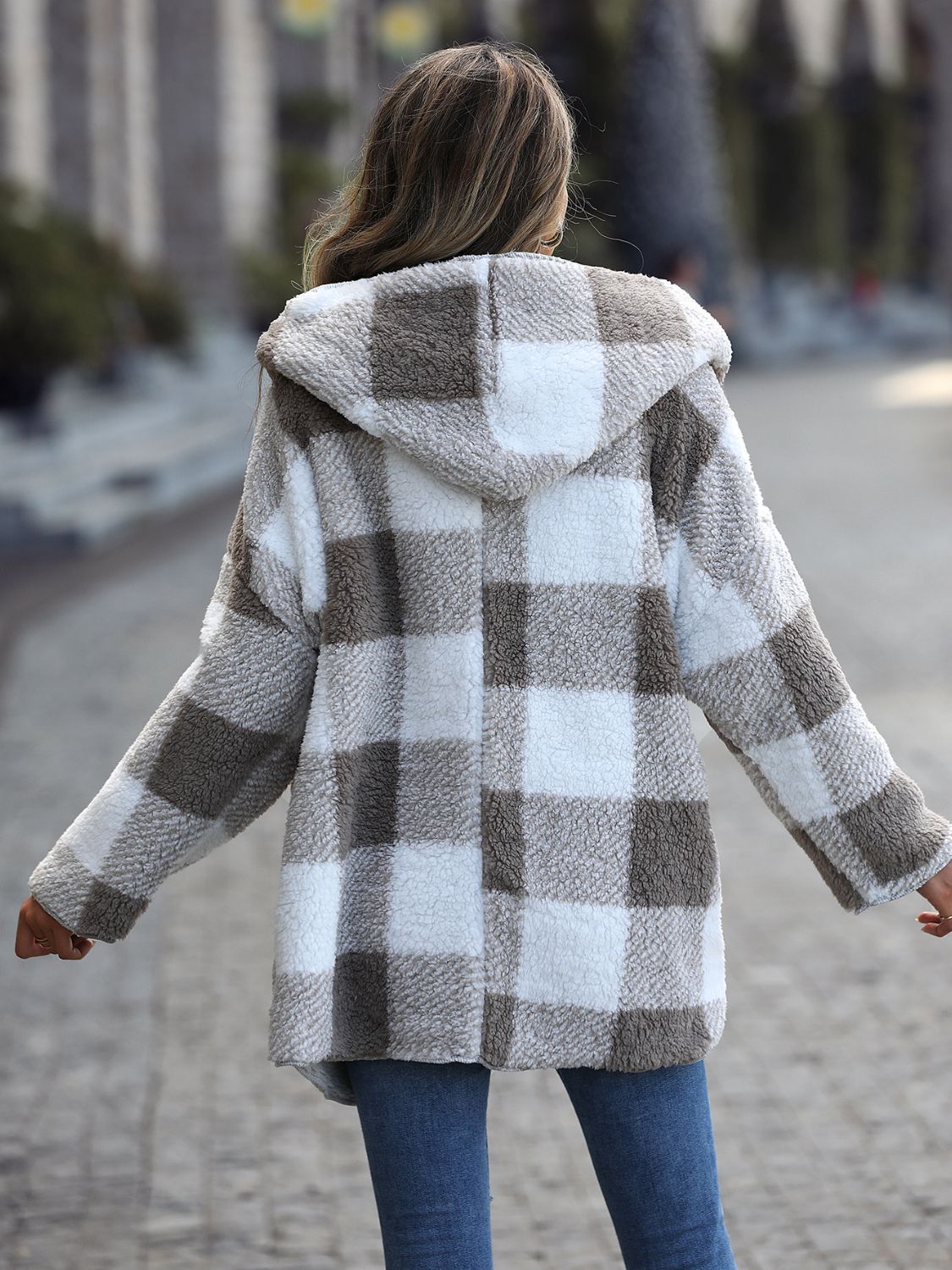 RS: Plaid Open Front Hooded Coat