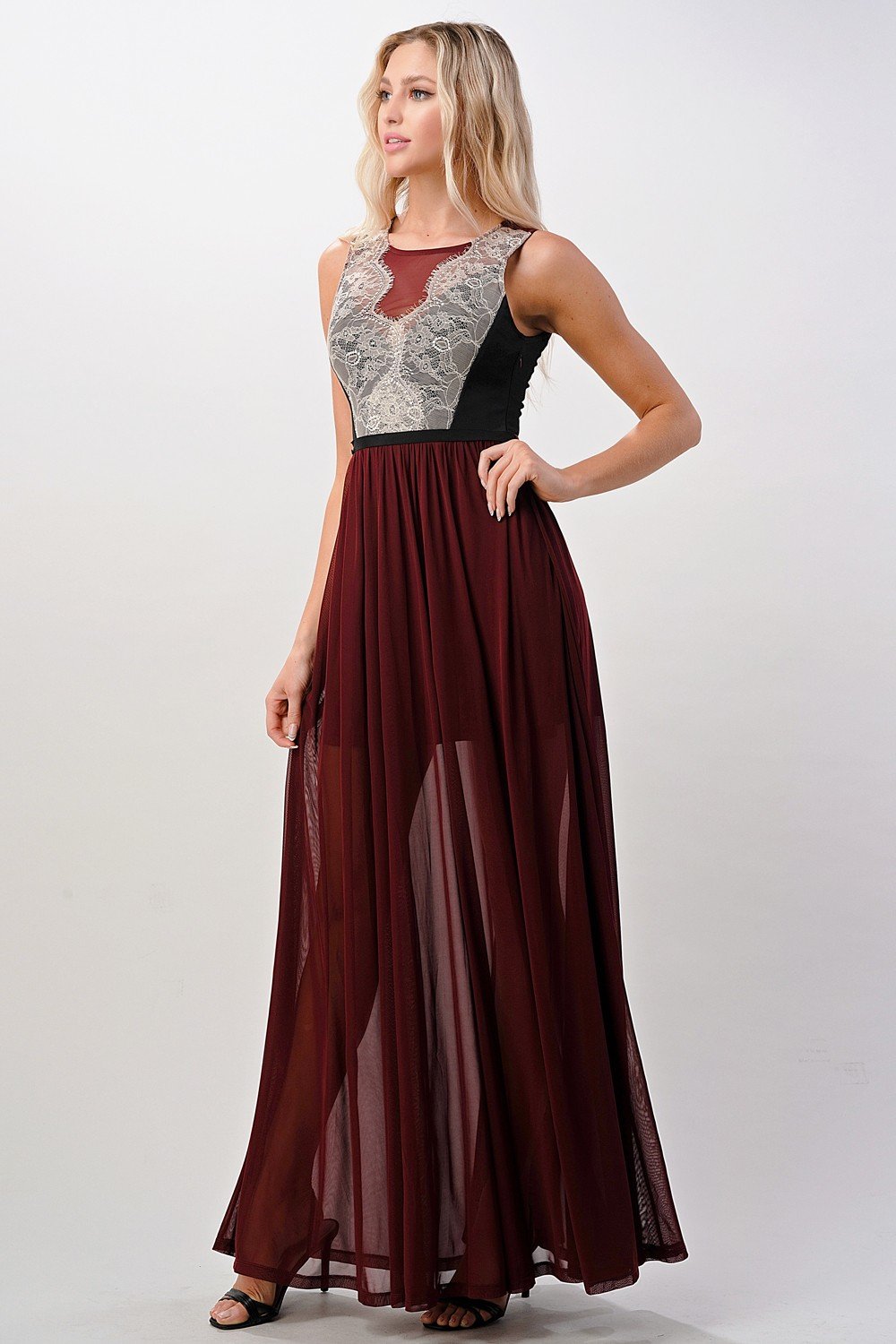 Contrast Lace Overlap Maxi Dress