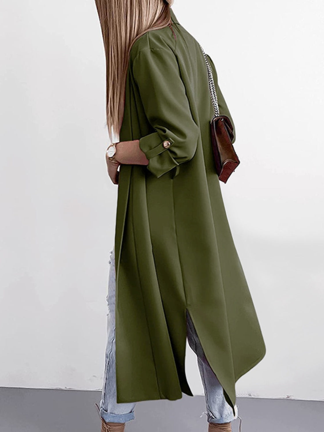 RS: Slit Open Front Roll-Tab Sleeve Trench Coat