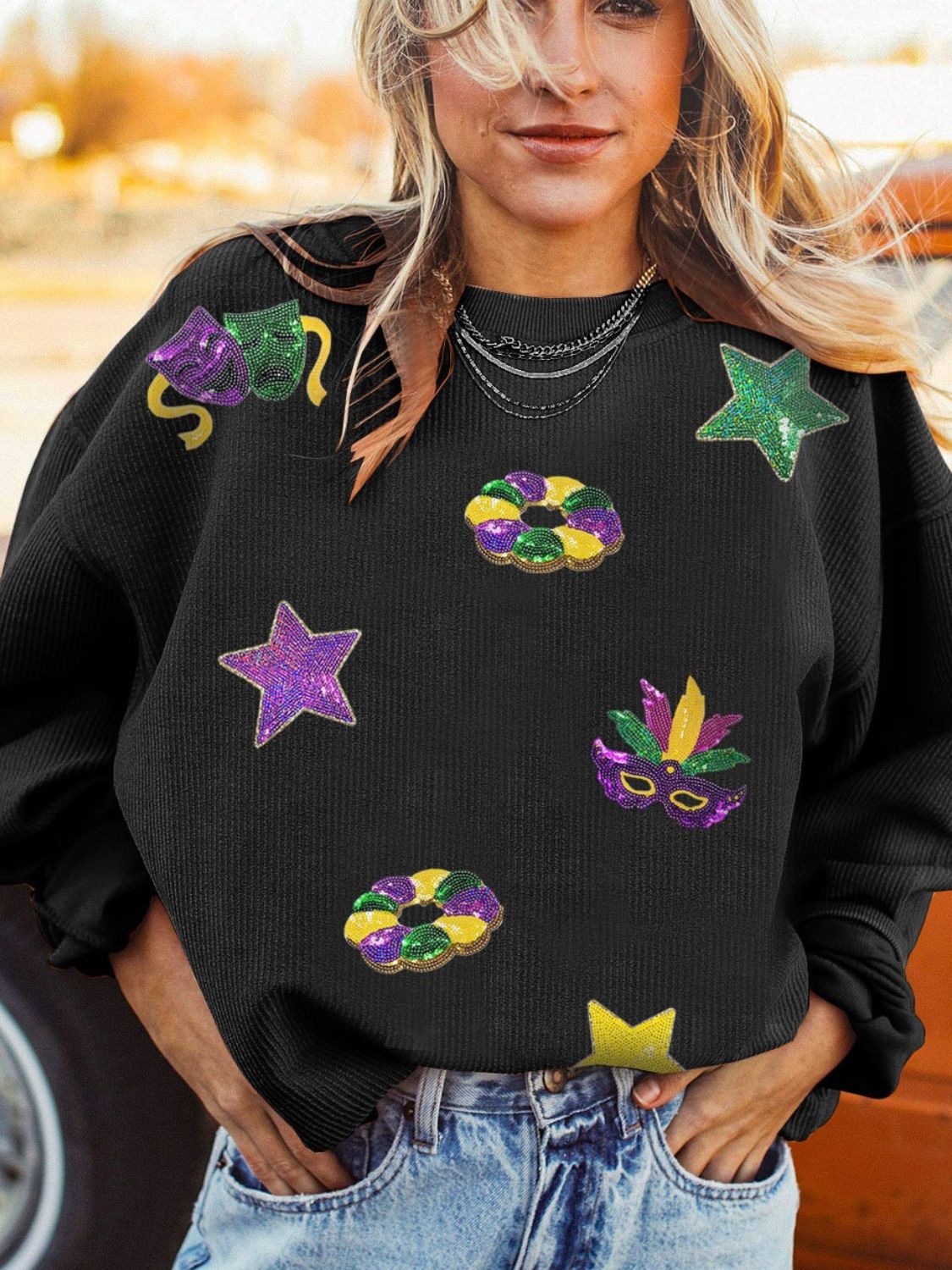 RS: Sequin Round Neck Long Sleeve Sweatshirt