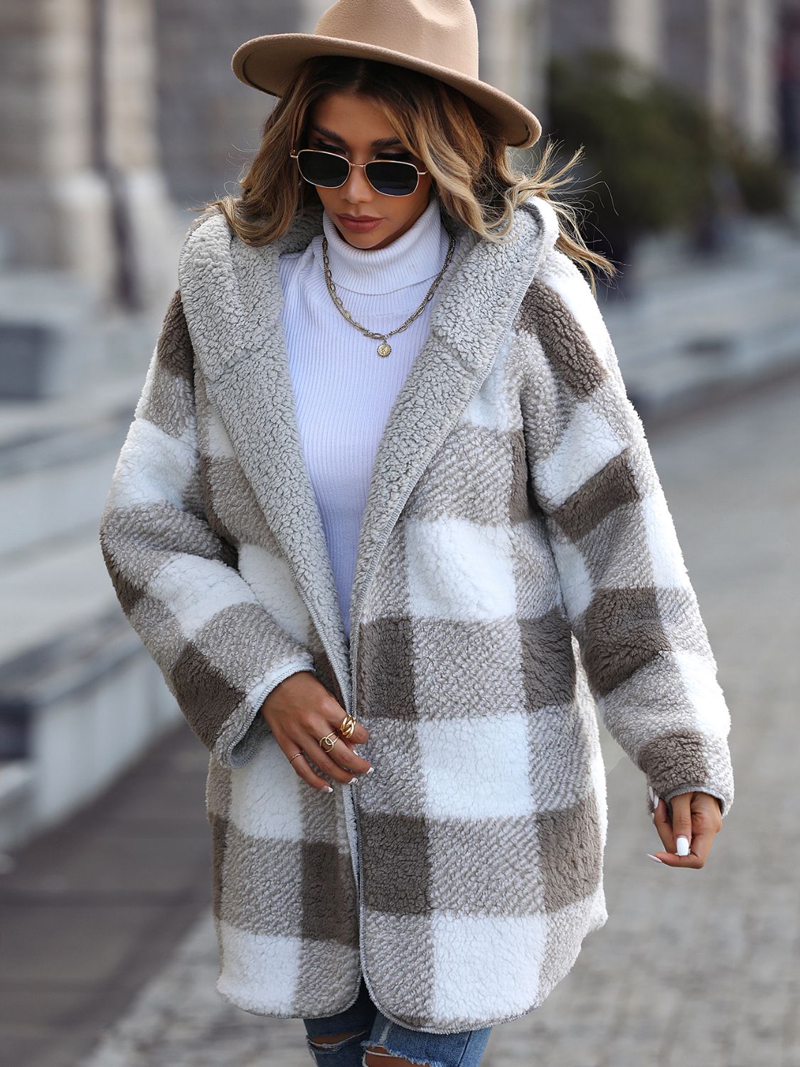 RS: Plaid Open Front Hooded Coat