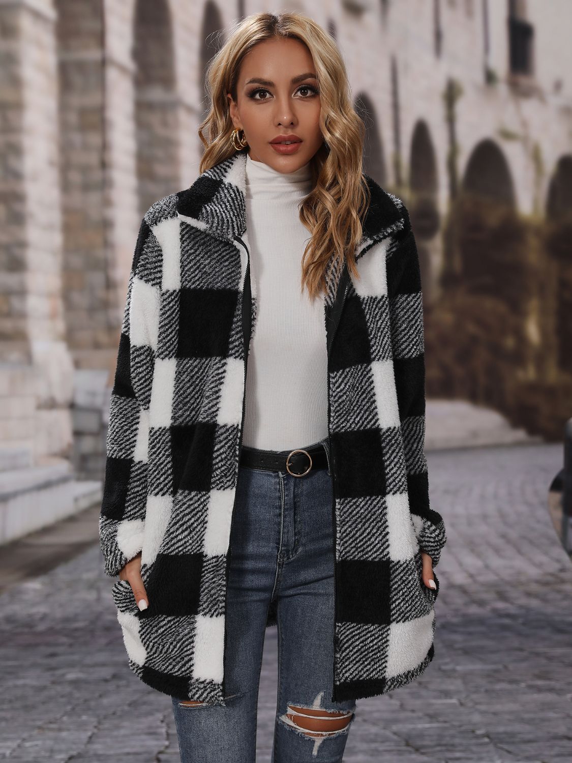 RS: Plaid Collared Neck Coat with Pockets