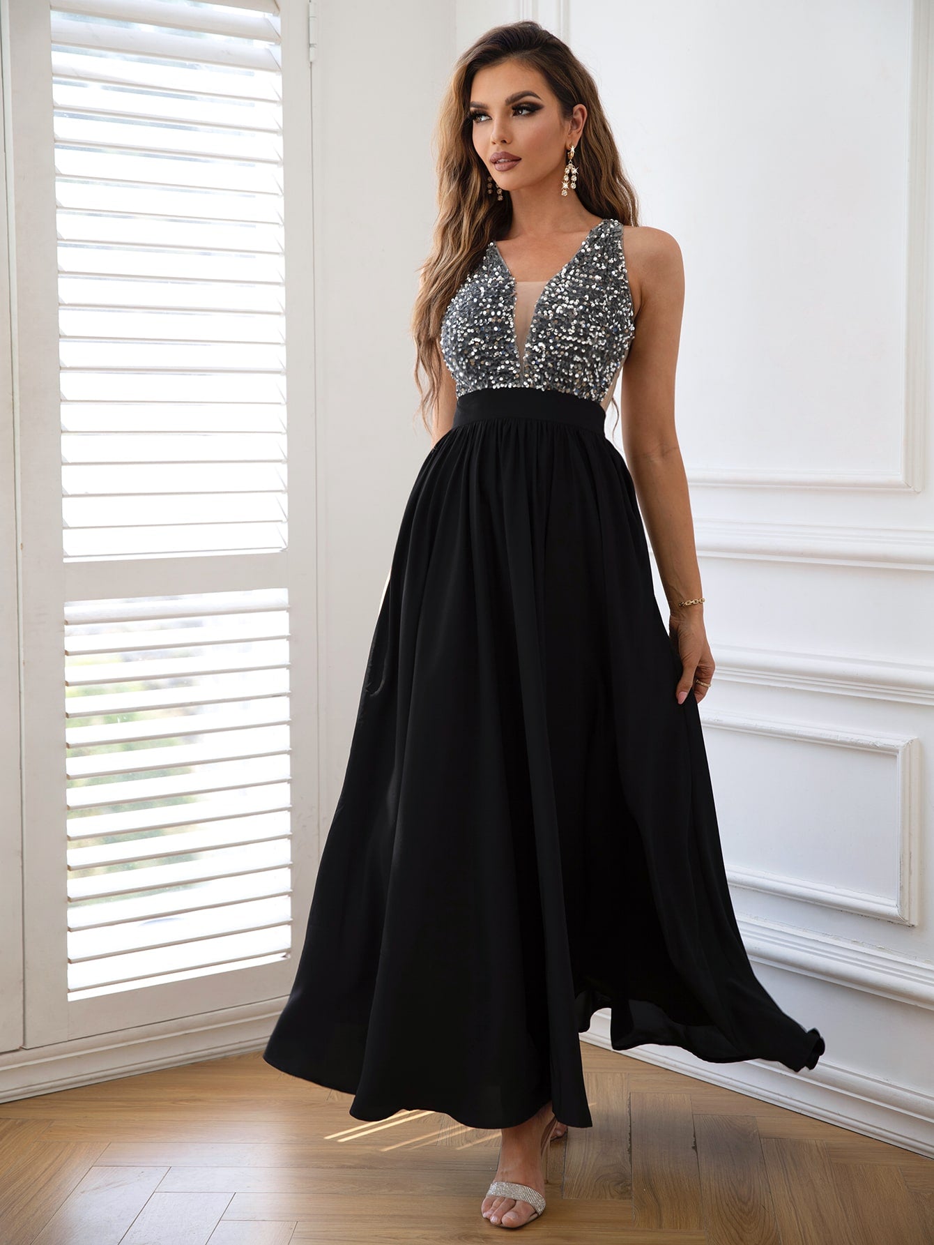 RS: Contrast Sequin Sleeveless Maxi Dress