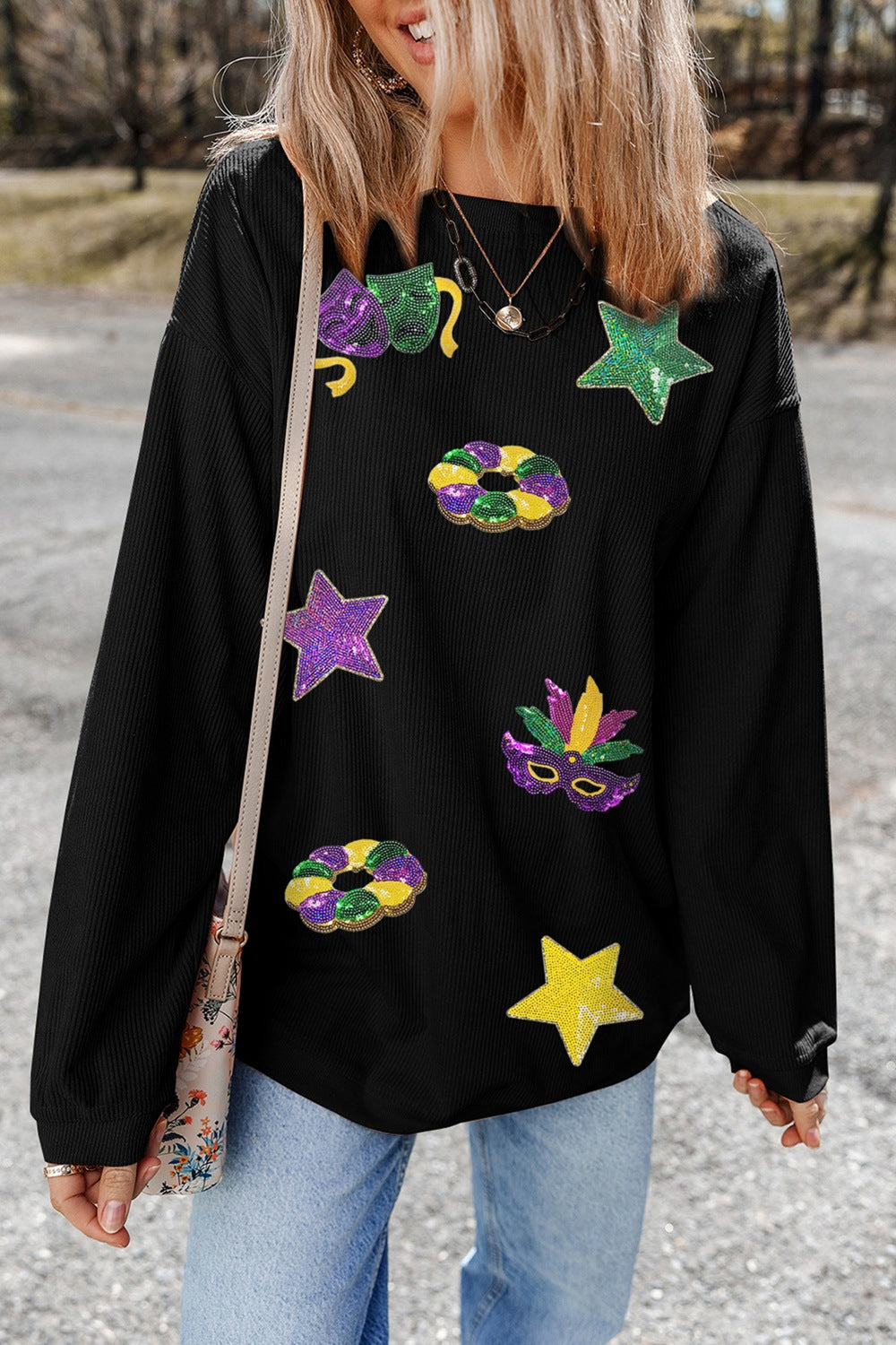 RS: Sequin Round Neck Long Sleeve Sweatshirt