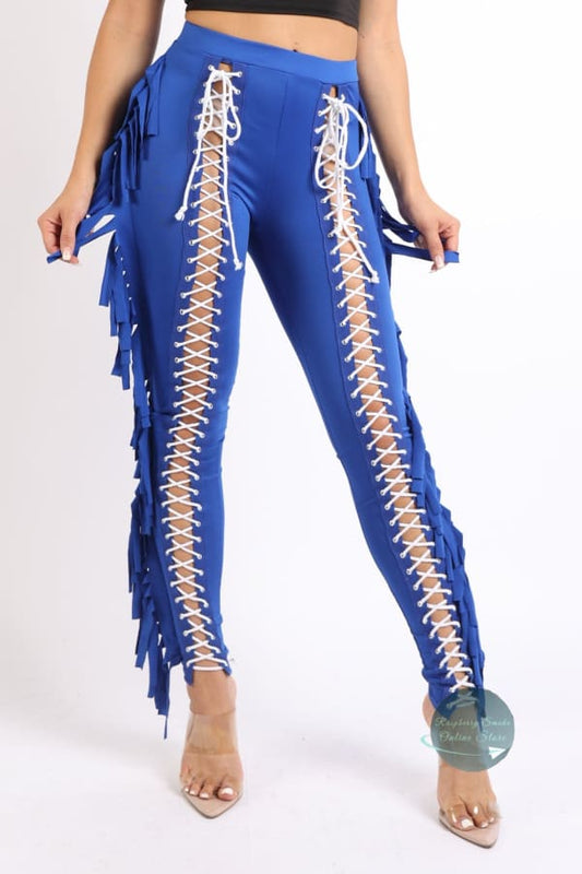 Chic Lace up Detailed Fringe Tassel Pants Leggings ROYAL Raspberry Smoke Online Store