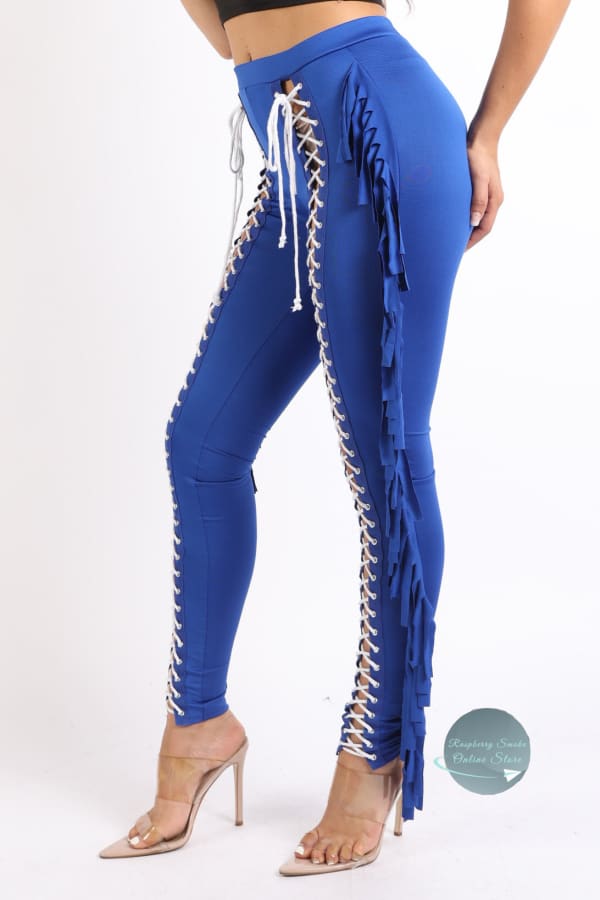 Chic Lace up Detailed Fringe Tassel Pants Leggings ROYAL Raspberry Smoke Online Store