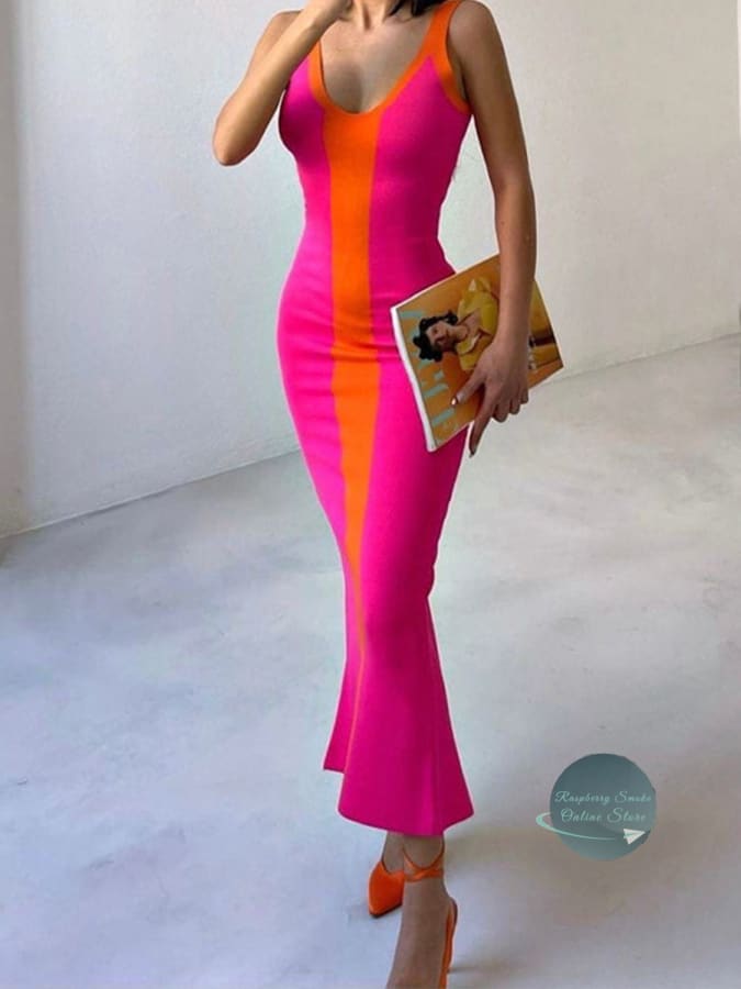 Contrast Wide Strap Slit Midi Dress Dresses