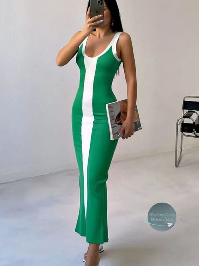 Contrast Wide Strap Slit Midi Dress Dresses
