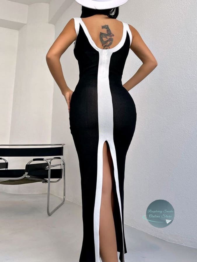 Contrast Wide Strap Slit Midi Dress Dresses