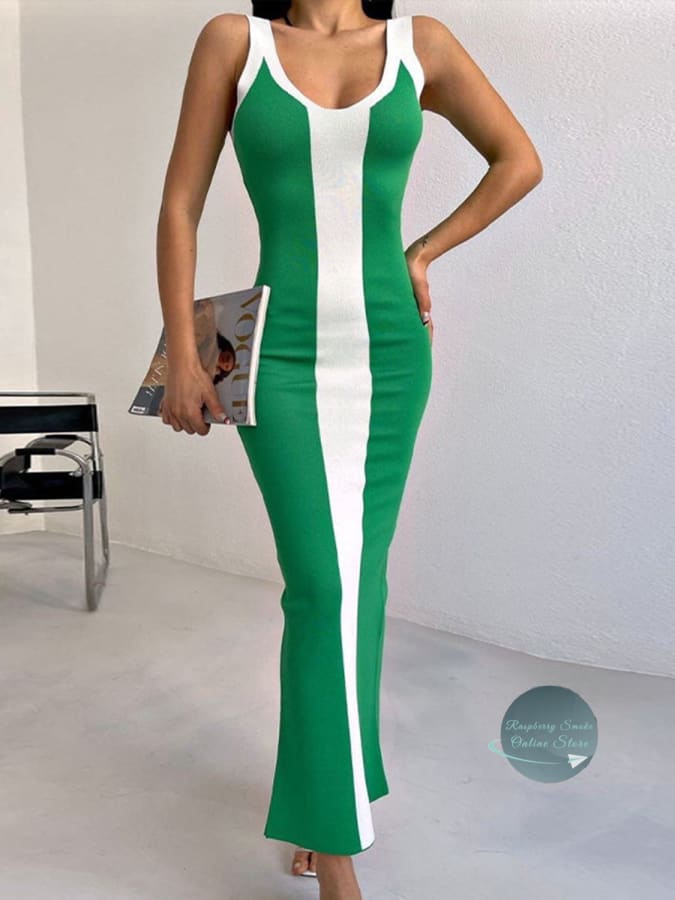 Contrast Wide Strap Slit Midi Dress Mid Green / S Dresses