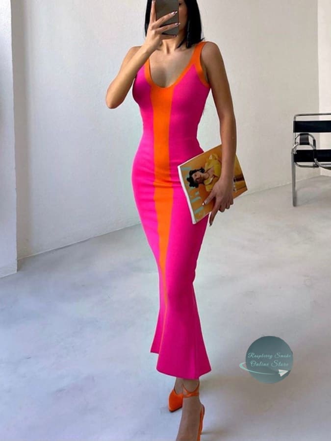 Contrast Wide Strap Slit Midi Dress Strawberry / S Dresses