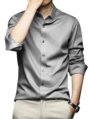 Men Regular Fit Full Sleeve Satin Silk Shirt - Gray