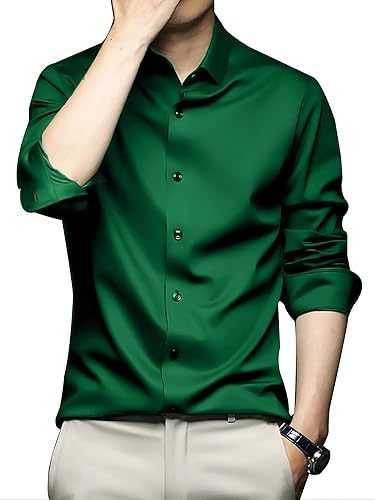 Men Regular Fit Full Sleeve Satin Silk Shirt - Dark Green