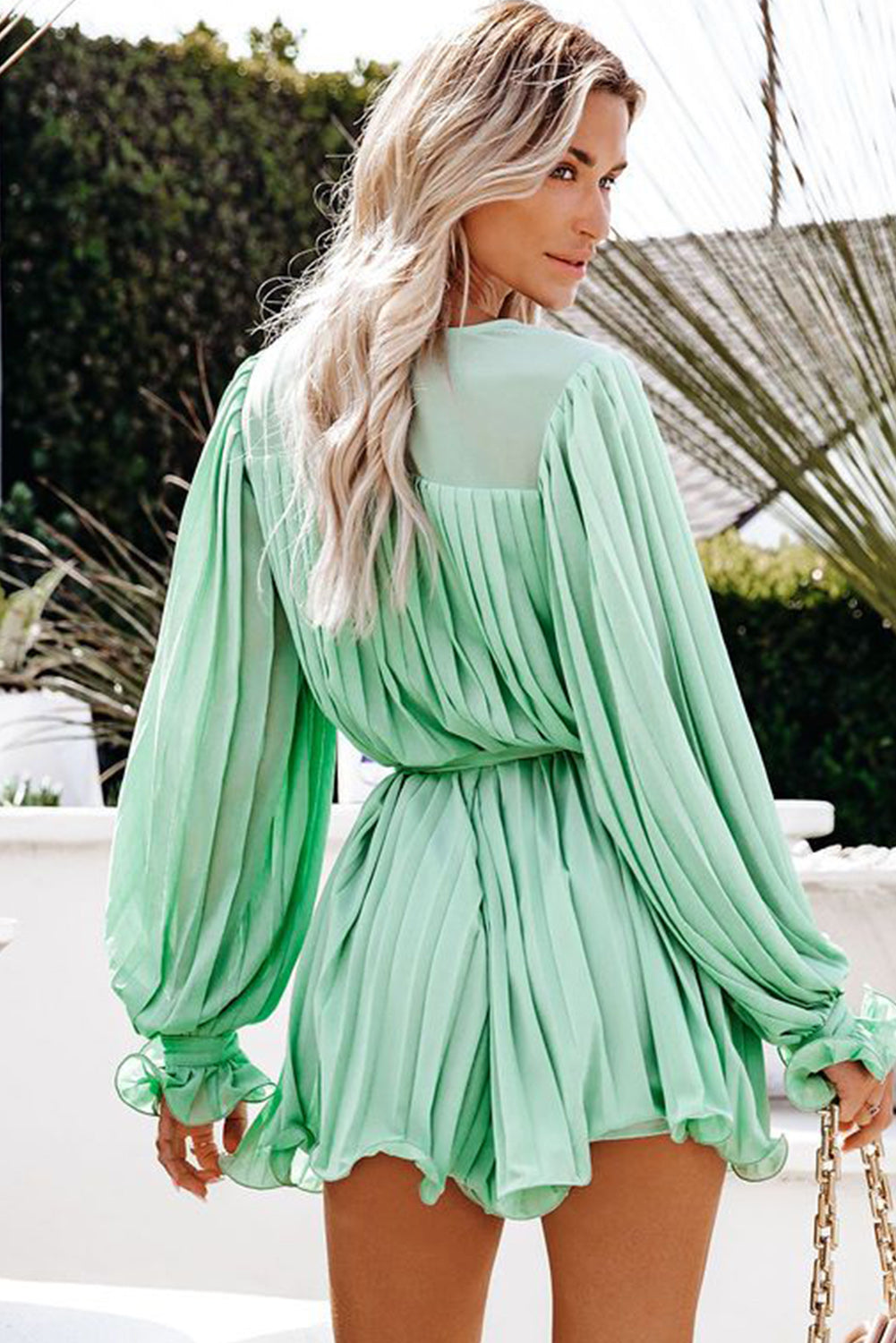 Green Pleated Ruffled Tie Waist Buttons V Neck Romper