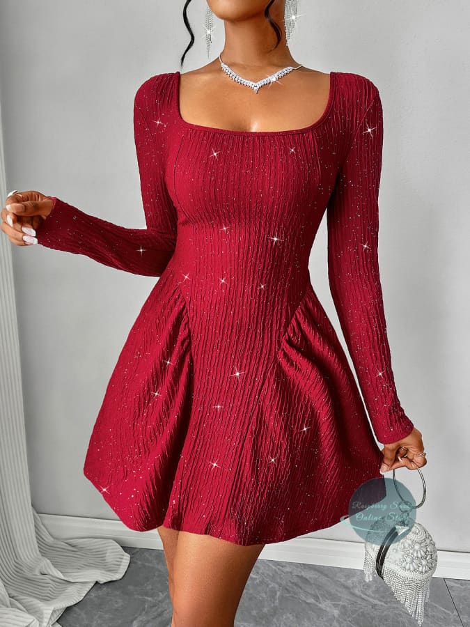 RS: Backless Glitter Square Neck Long Sleeve Mini Dress Deep Red / M Women Dresses