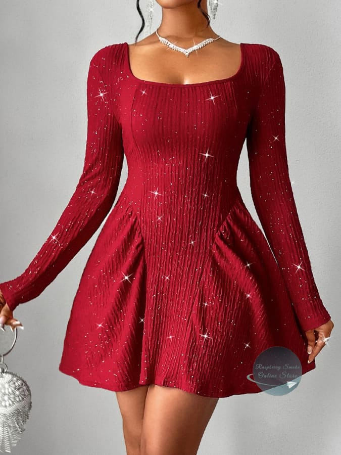 RS: Backless Glitter Square Neck Long Sleeve Mini Dress Women Dresses