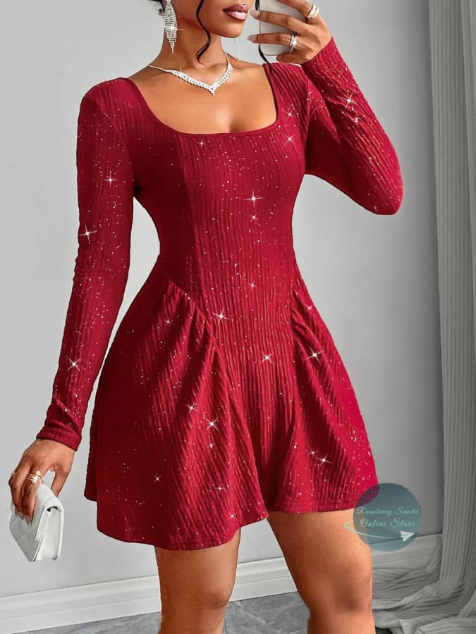 RS: Backless Glitter Square Neck Long Sleeve Mini Dress Women Dresses