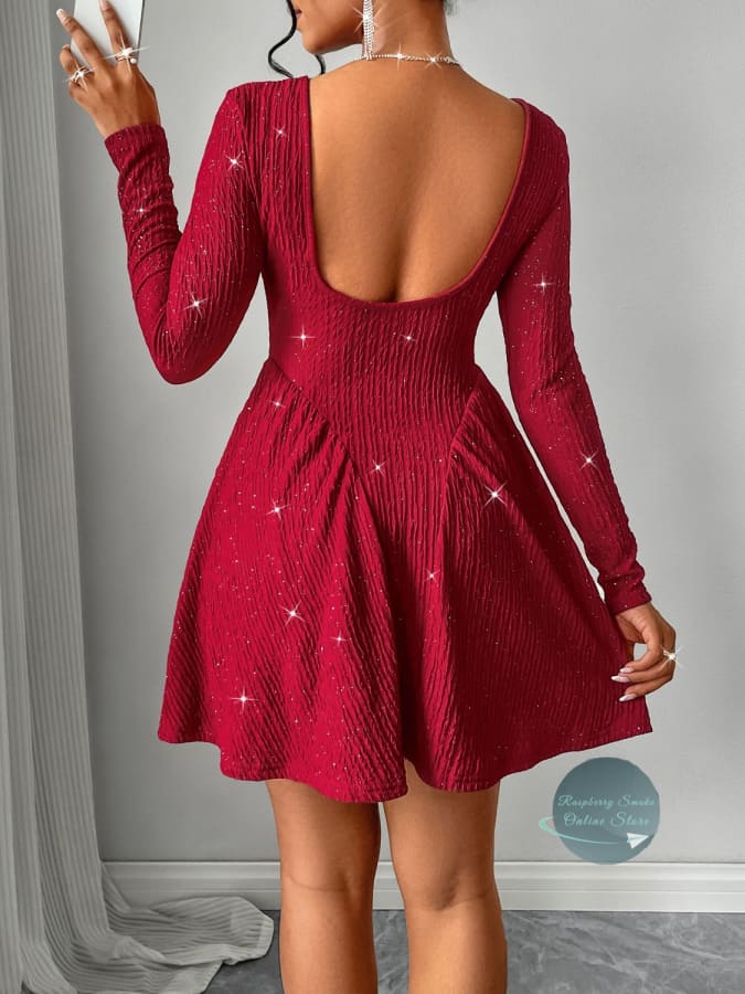 RS: Backless Glitter Square Neck Long Sleeve Mini Dress Women Dresses