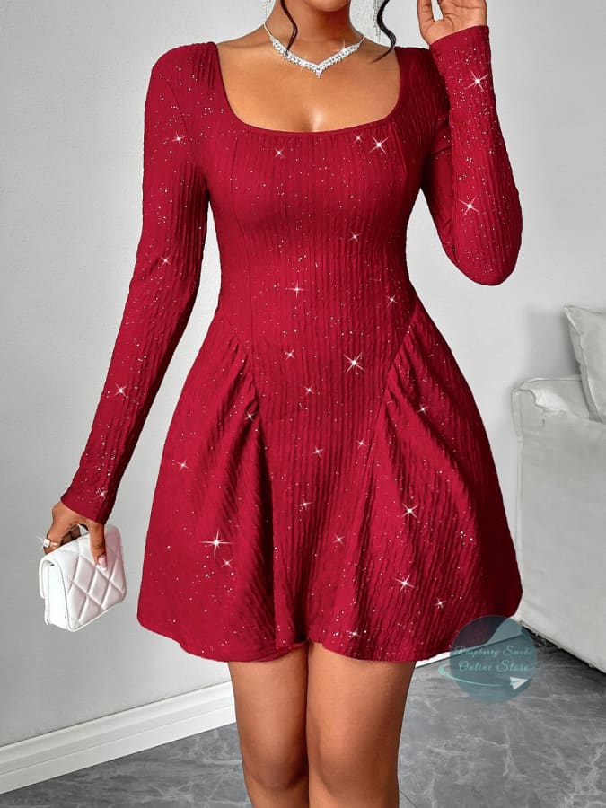 RS: Backless Glitter Square Neck Long Sleeve Mini Dress Women Dresses