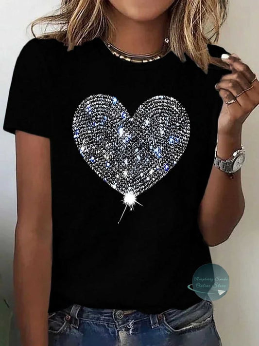 RS: Heart Graphic Round Neck Short Sleeve T-Shirt Black / S T-shirts