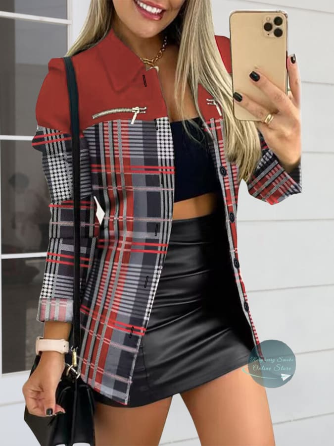 RS: Printed Button Up Zip Detail Shacket Deep Red / S Jackets & Coats