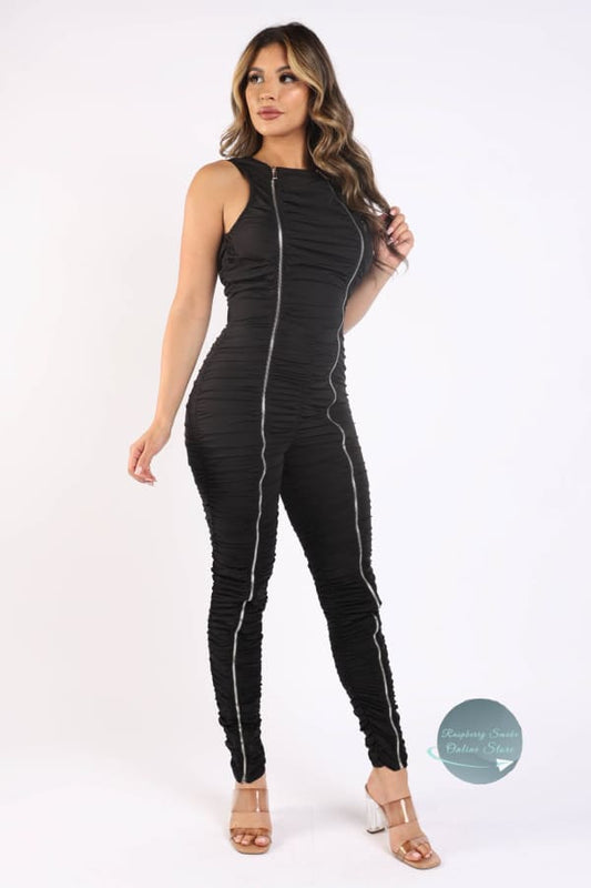 Track Zipper Ruched Jumpsuit BLACK Jumpsuits & Rompers