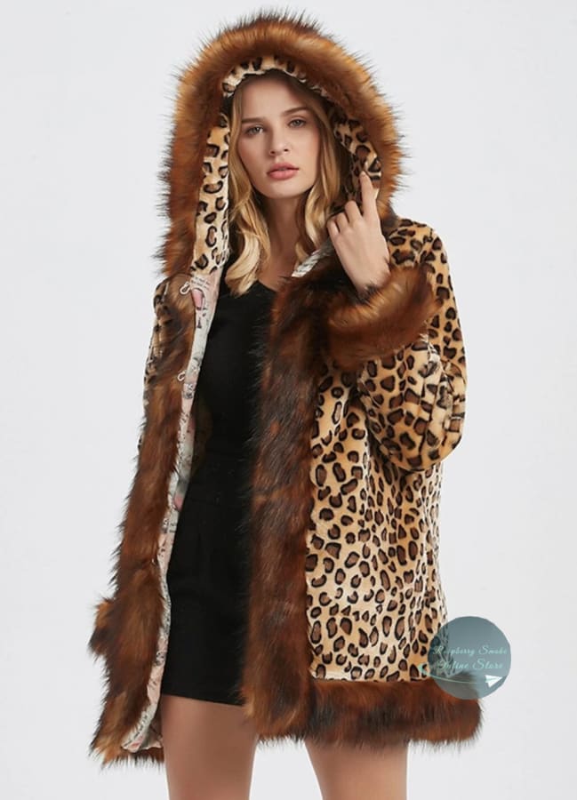 Women's Leopard Print Hooded Faux Fur Collar Jacket Raspberry Smoke Online Store