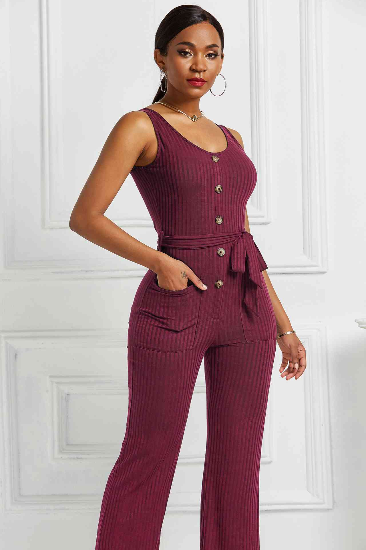 Button Detail Tie Waist Jumpsuit with Pockets Raspberry Smoke Online Store