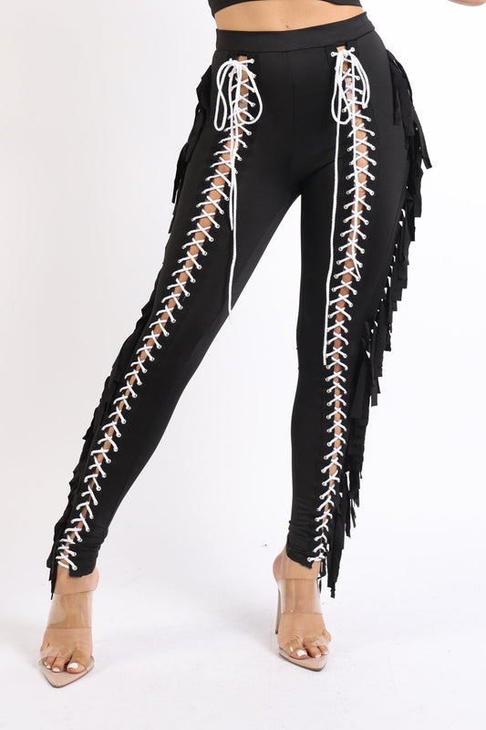 Chic Lace up Detailed Fringe Tassel Pants Leggings BLACK Raspberry Smoke Online Store