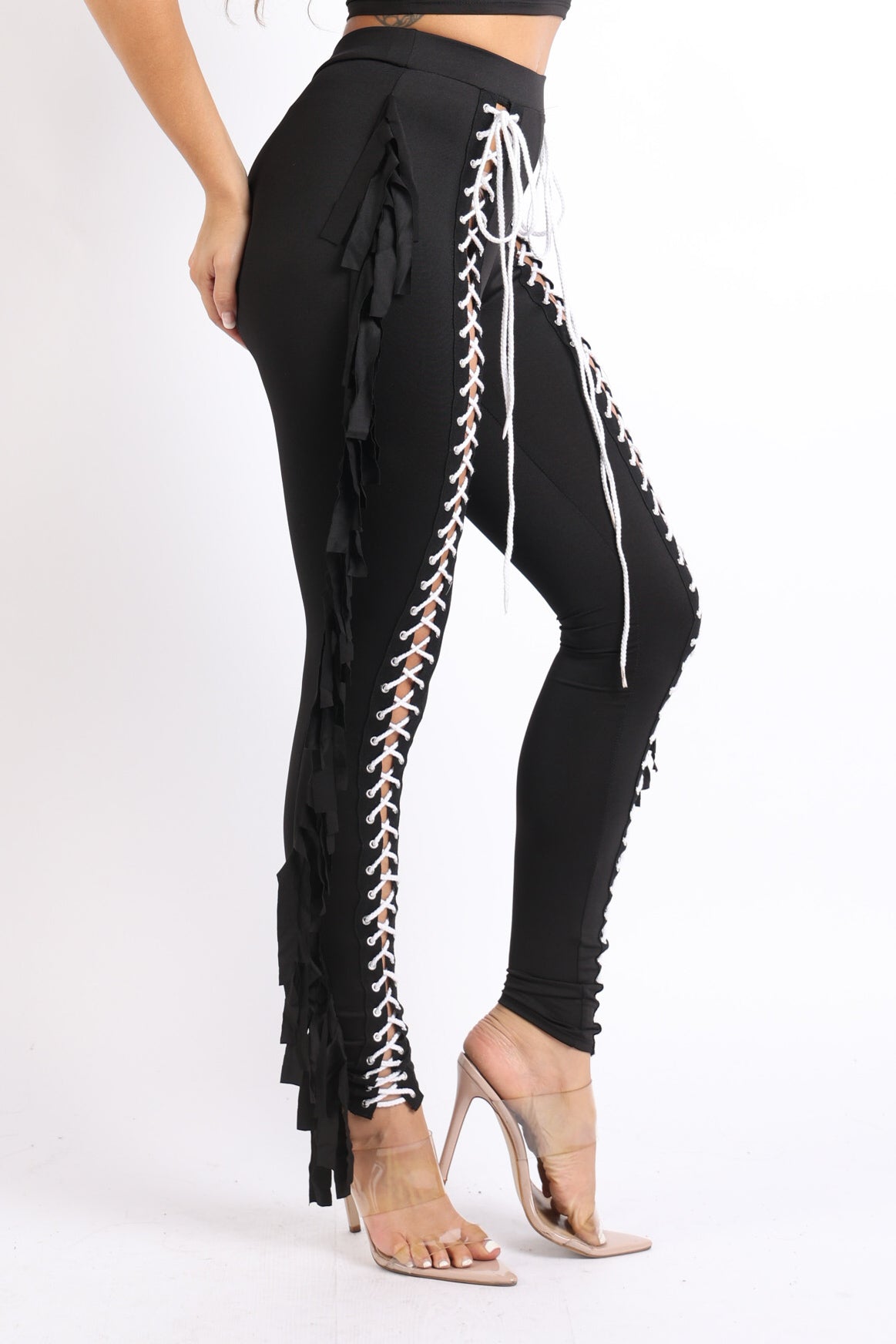 Chic Lace up Detailed Fringe Tassel Pants Leggings BLACK Raspberry Smoke Online Store