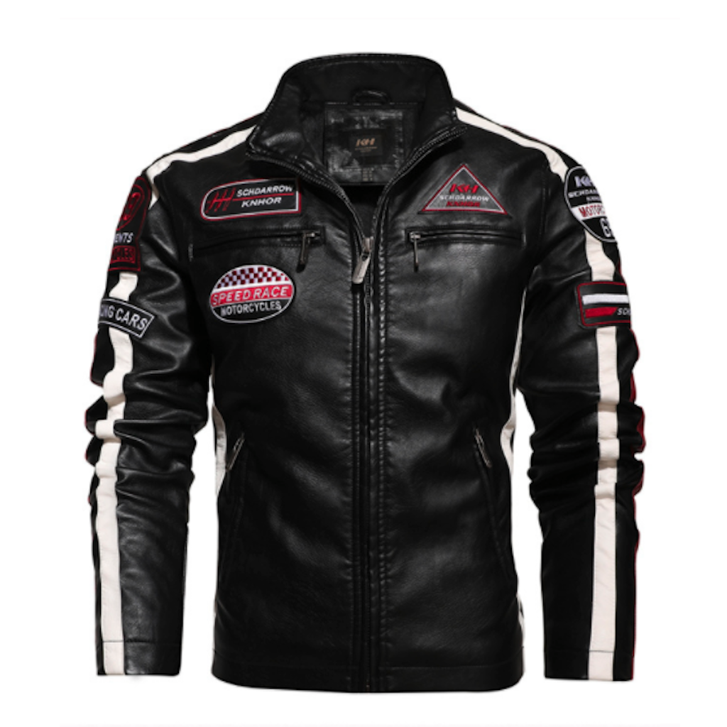 Men's Biker Vegan Leather Jacket with Badges Raspberry Smoke Online Store