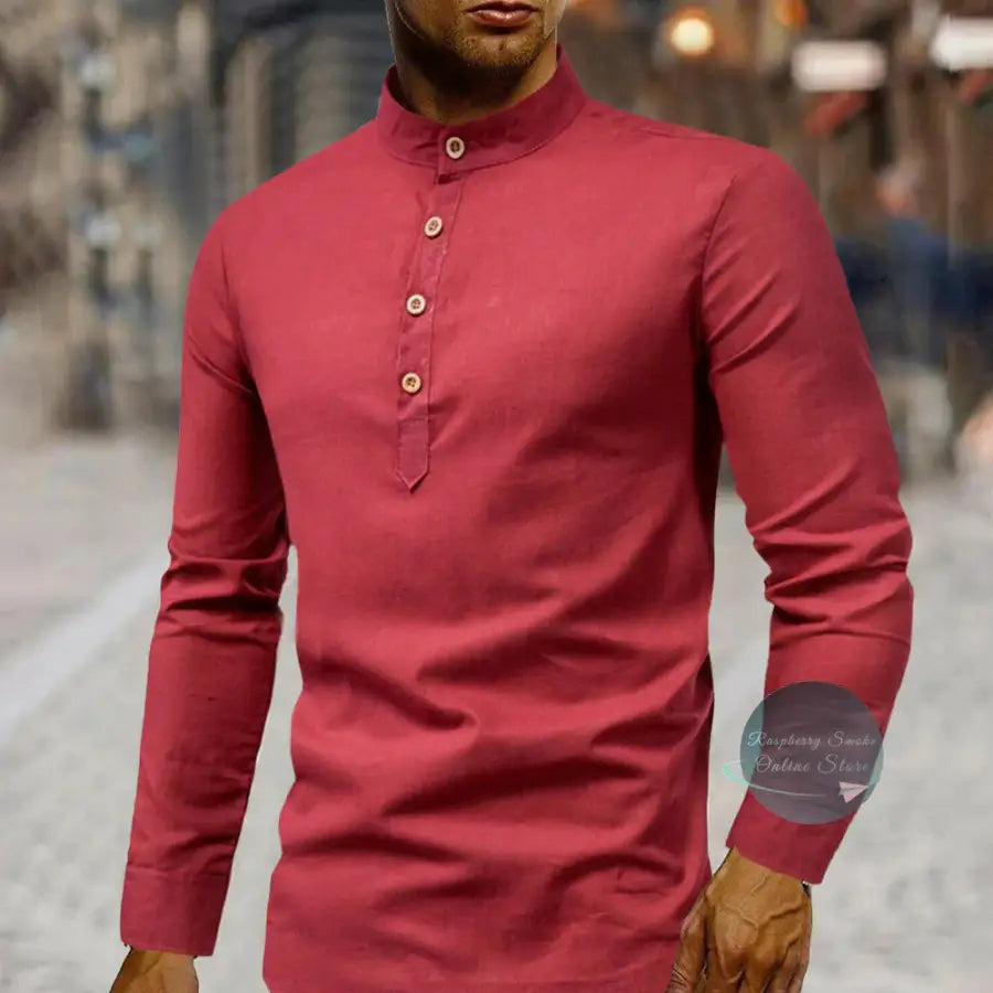 Men's Stand Collar Linen Shirt Raspberry Smoke Online Store