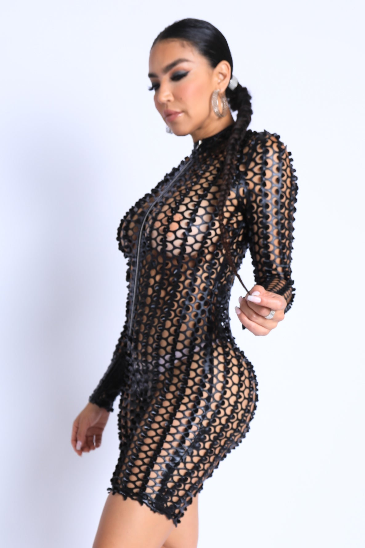 Sexy Club Outfit Romper Long Sleeve Cutting Mesh Bodysuit BLACK Raspberry Smoke Online Store
