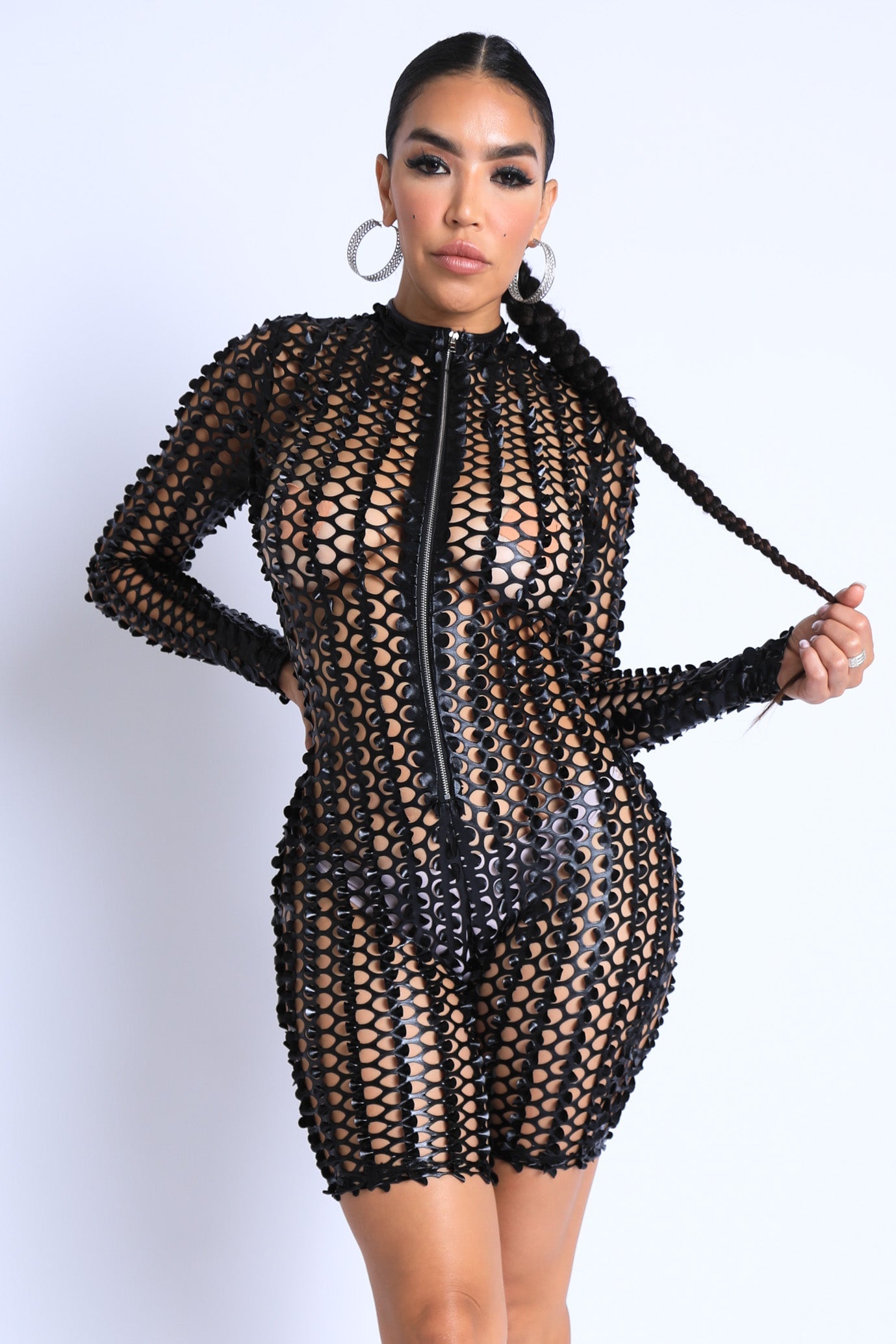 Sexy Club Outfit Romper Long Sleeve Cutting Mesh Bodysuit BLACK Raspberry Smoke Online Store