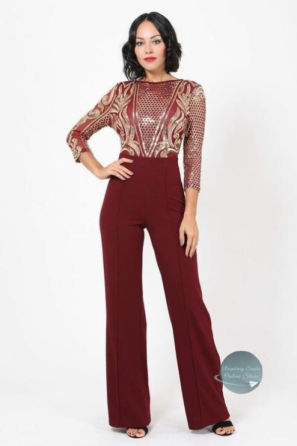 Women's Gold Sequin Pattern Jumpsuit Raspberry Smoke Online Store