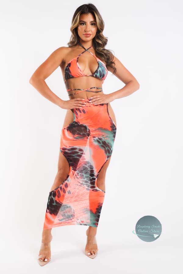 Mesh Sexy Bikini & Skirt Set Graphic Printed Cut Out Swimwear Coral Matching Sets