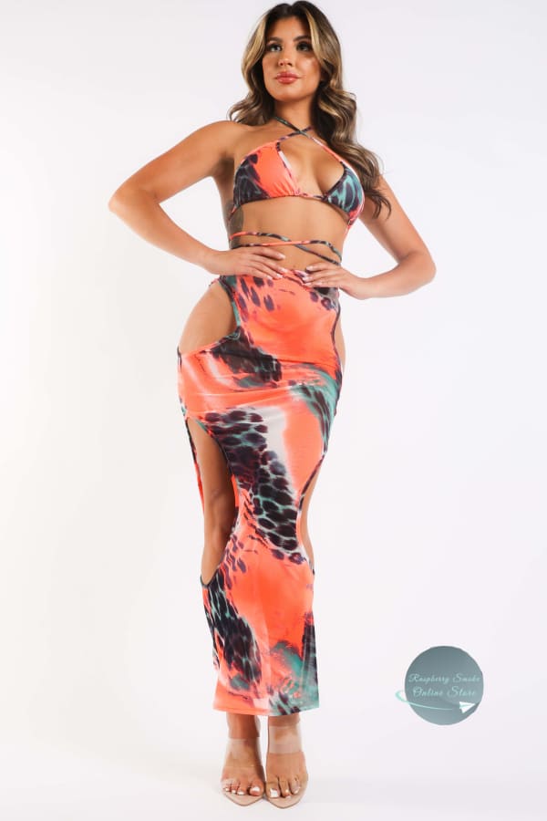 Mesh Sexy Bikini & Skirt Set Graphic Printed Cut Out Swimwear Coral Matching Sets