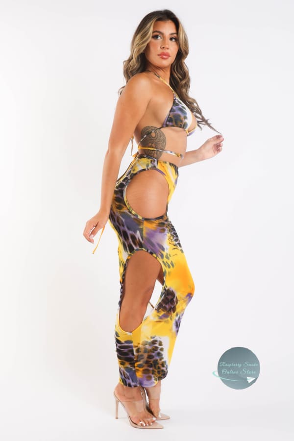 Mesh Sexy Bikini & Skirt Set Graphic Printed Cut Out Swimwear Yellow Matching Sets